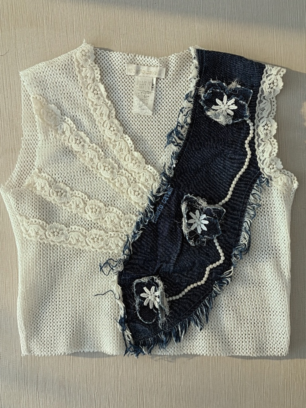 Vintage Roberto Cavalli Y2K Mesh Lace Denim Pearl Top M